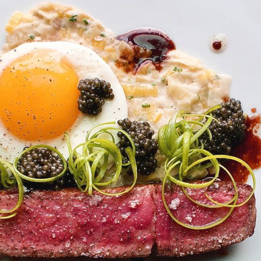 Dry-Aged Steak n’ Eggs with Snake River White Sturgeon Caviar