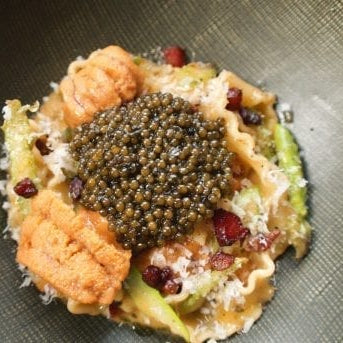 Uni Pasta Carbonara with Green Asparagus & Osetra Supreme Caviar