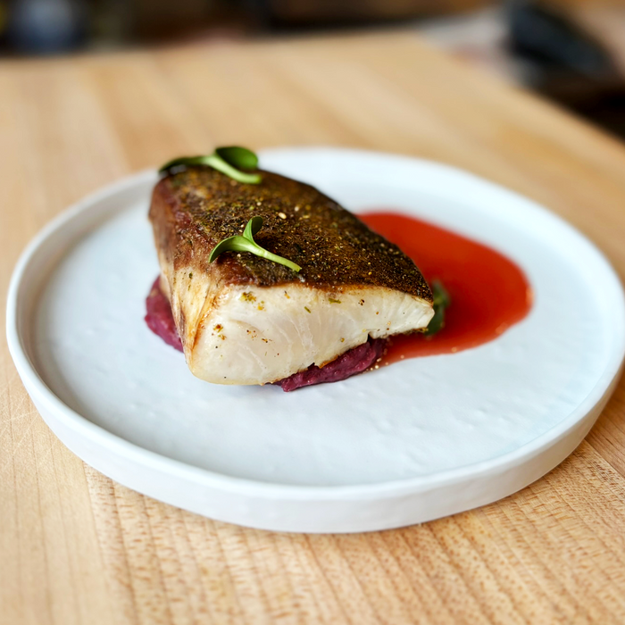 Hiramasa with Japanese Sweet Potatoes and Blood Orange Beurre Blanc