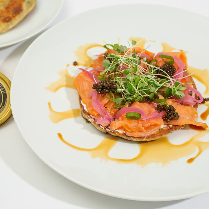 Scallion Pancakes with Smoked Salmon and Imperial Osetra Caviar