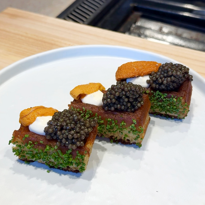 Belgian Waffle Toasts with Maine Uni and Belgian Platinum Caviar