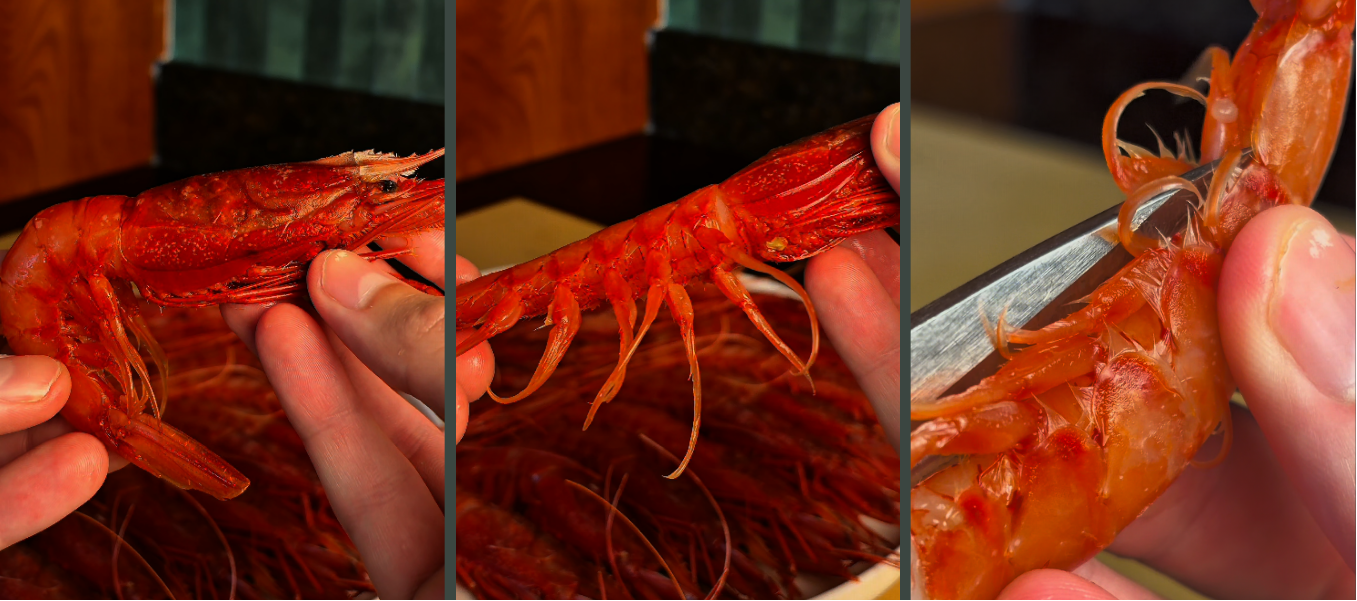 A three-panel close-up showing a person's hands preparing a cooked shrimp, with one panel displaying a whole cooked shrimp and the others showing preparation with scissors