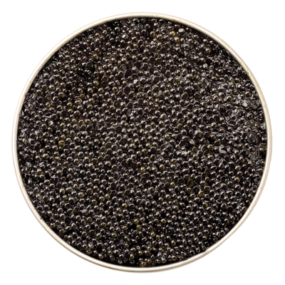Close-up overhead view of a tin filled with glossy black pearls of American Hackleback Caviar, showcasing their delicate texture and wild origin.