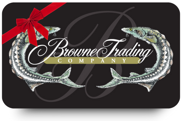 Gift card design featuring two detailed fish facing each other with a red bow in the top left corner and the text "Browne Trading Company" in elegant white script across the center.