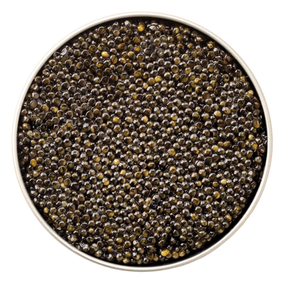 Close-up top view of Classic White Sturgeon Caviar in an open container, showing glossy, dark pearls with subtle golden highlights.