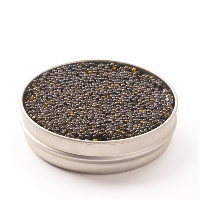 Side view of an opened silver tin containing black and brown pearls on a white surface.