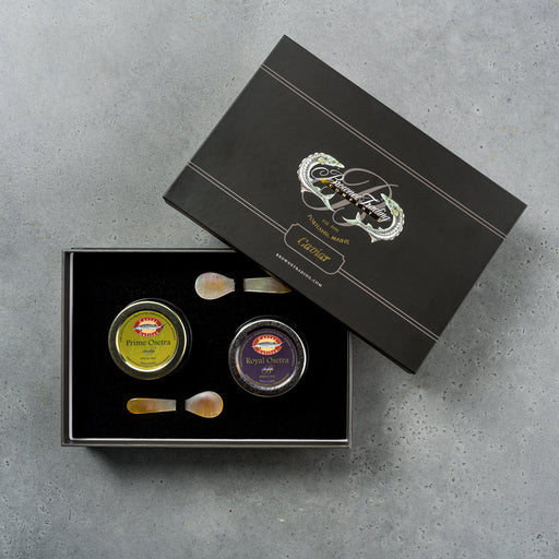 black gift box with two caviars inside.