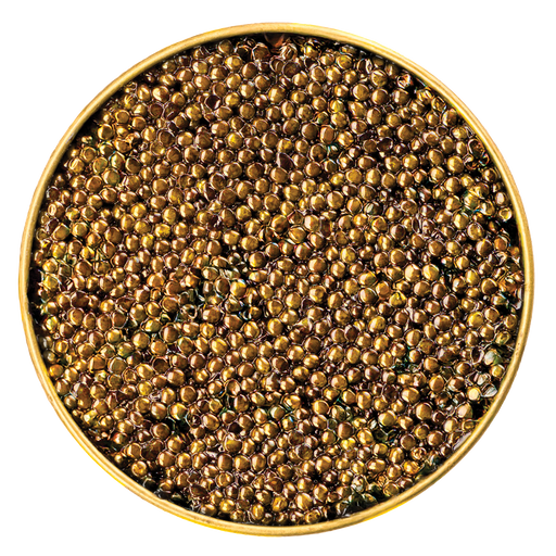 Close-up of glossy light pearls of Galilee Royal Osetra Caviar, showcasing its luxurious texture and exceptional color in a gold tin.
