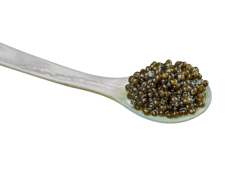 A mother-of-pearl spoon holding a small heap of black and golden brown caviar against a black background.
