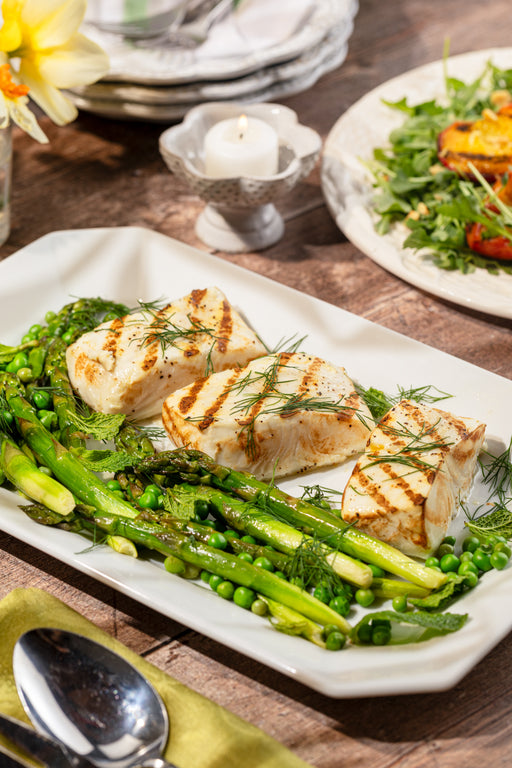 Grilled North Atlantic halibut fillet from Browne Trading Company, cooked to perfection with a golden crust and flaky interior.