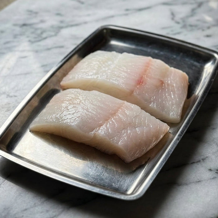 Two pieces of raw halibut on a metal tray on a marble surface