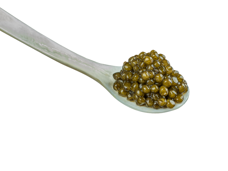 Close-up of a mother-of-pearl spoon holding a small pile of glossy greenish-brown caviar against a black background.