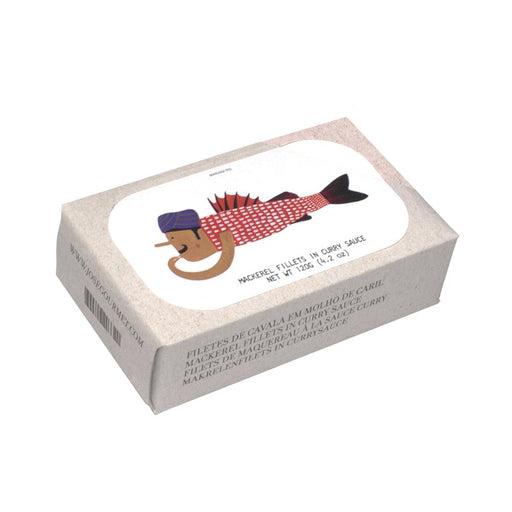 Jose Gourmet mackerel fillets in curry sauce served in a white dish, showcasing the canned seafood product from Browne Trading Company.