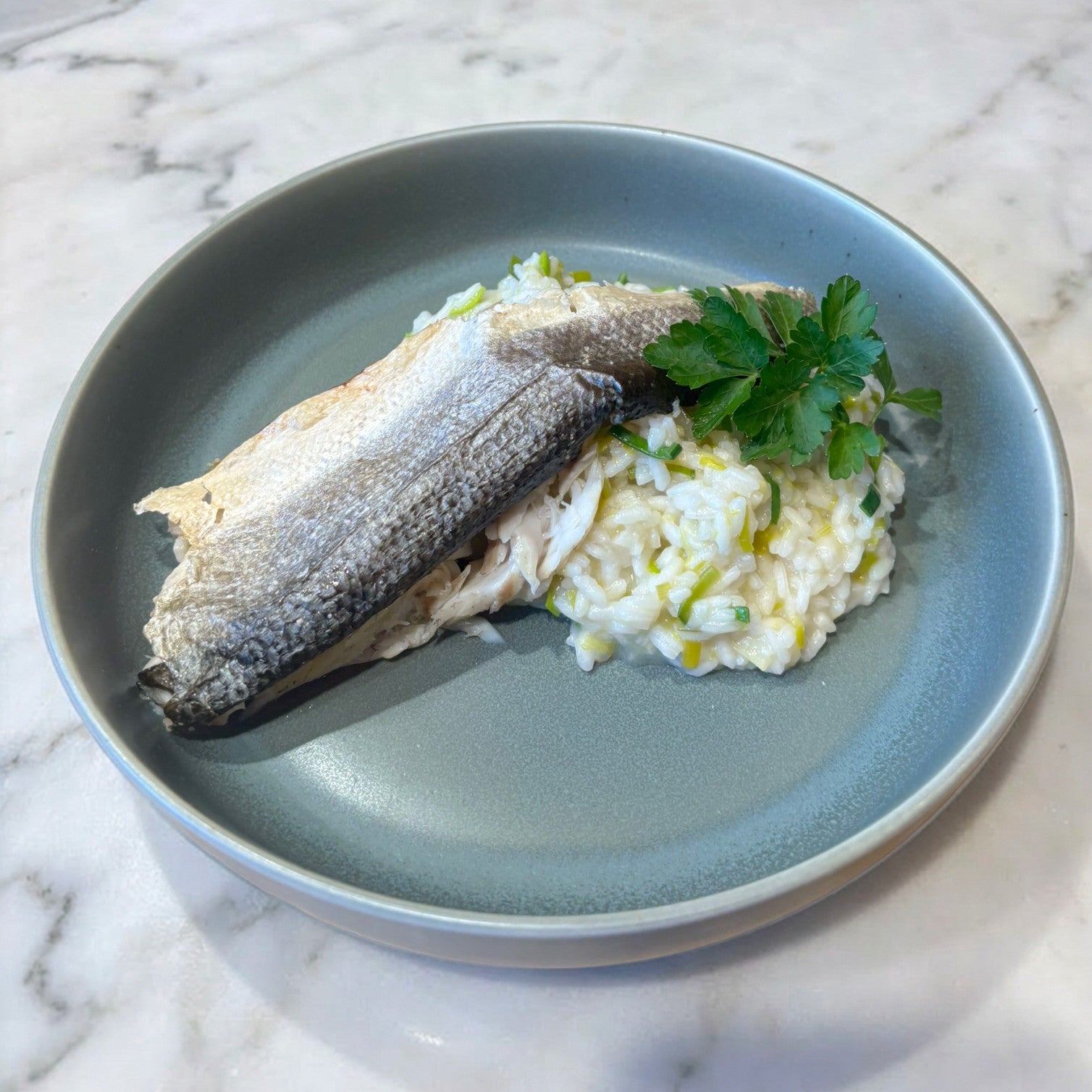 Leek Risotto with Whole Roasted Lubina