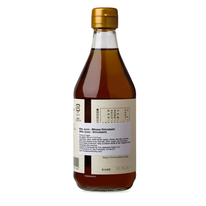 Back view of Nitto Jozo Mikawa Shirodashi in a 400ml bottle, featuring a clear label and traditional Japanese packaging.
