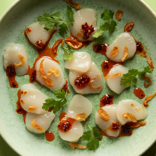 Fresh Maine Dayboat Scallops from Browne Trading Company, showcasing plump, raw scallops on a white background.