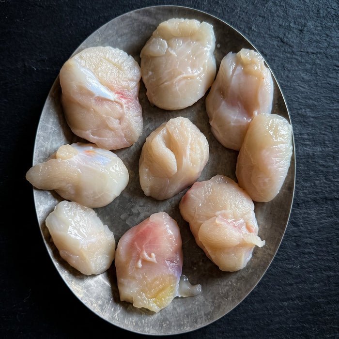 Nine raw skate cheek pieces arranged on a round silver metal plate against a dark textured slate background.