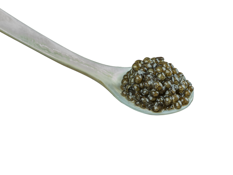 Close-up of a mother-of-pearl spoon holding a small pile of glossy dark caviar against a black background.