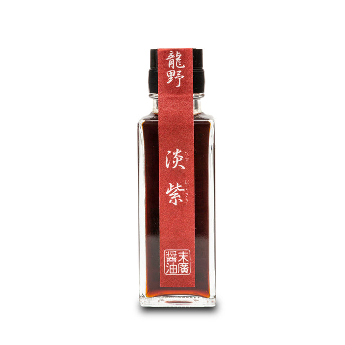 Suehiro Usukuchi soy sauce with koji in a 100ml bottle, front view showing clear glass and dark soy liquid inside.