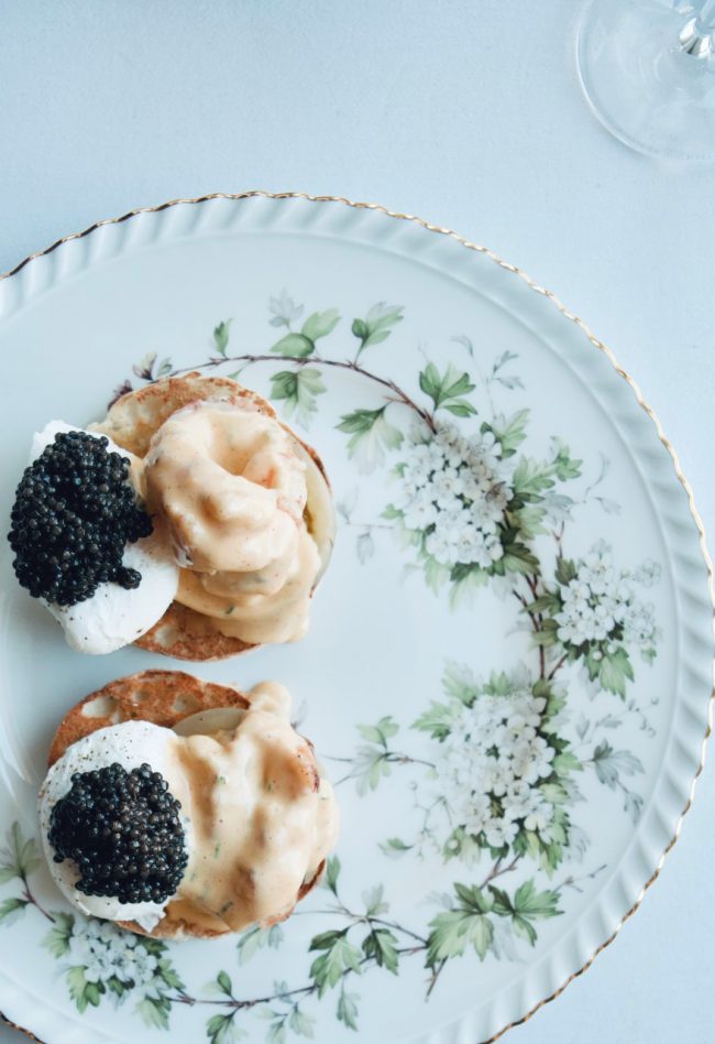 Langoustine Benedict, Pickled Green Tomatoes & Belgian Platinum Caviar