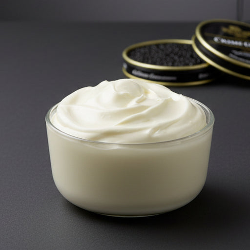 Creamy Isigny crème fraîche from Browne Trading Company in a glass jar, showcasing its rich texture and fresh dairy appearance.